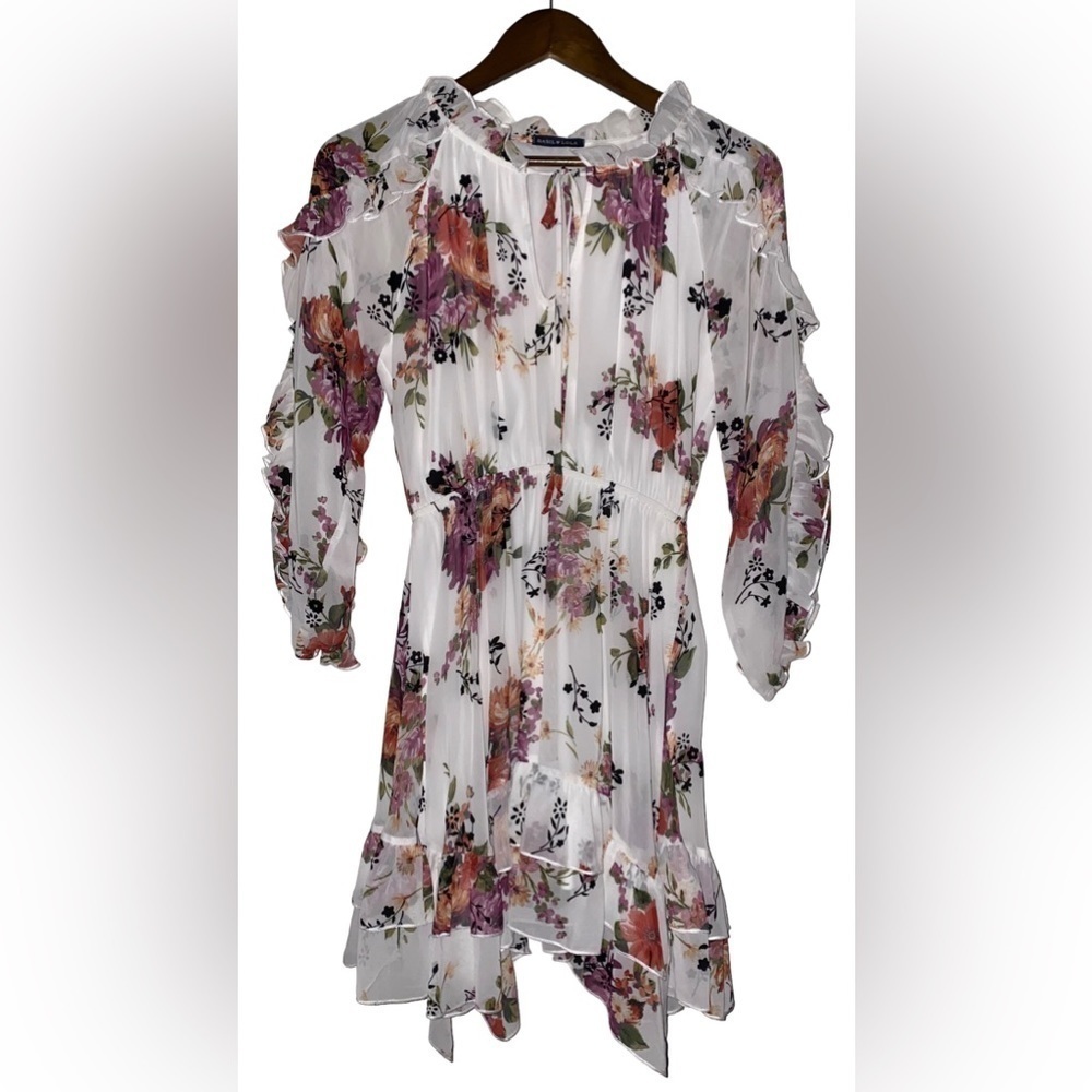 Basil & Lola Chiffon Coquette Milkmaid Sheer Floral Mini Dress Fairycore Size M